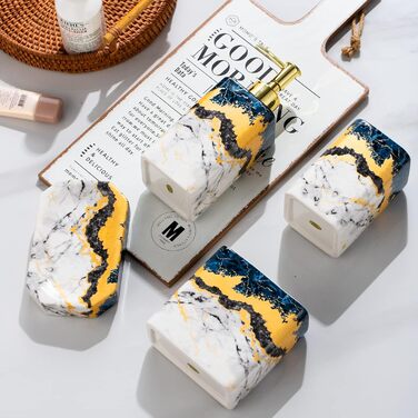 Набір аксесуарів для ванної кімнати (4 шт) – білий набір з дозатором для лосьйону, тримачем для зубних щіток, склянкою та мильницею – блискуча поверхня (мармур, білий)