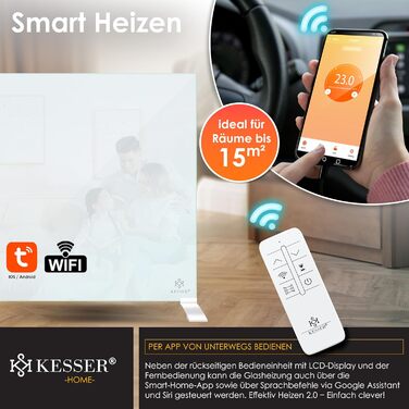 Інфрачервовий обігрівач KESSER®: скляний конвектор, енергозбереження, 2-в-1 (стійка/стіна), з датчиком відчинених вікон, пультом та керуванням через додаток, термостат, 600W, білий