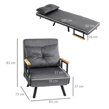 HOMCOM Sleeper Chair Single Sofa with Bed Function, Recliner with Adjustable Backrest, Velvet Look, Dark Grey | Aosom