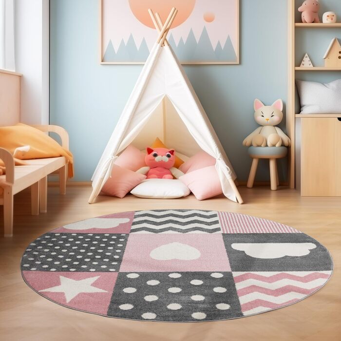 Дитячий килим круглий Elefant Design, короткий ворс, для дівчаток та хлопчиків, антиалергенний, м'який, синьо-сірий, 120 см. Килим в дитячу кімнату