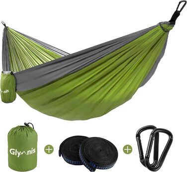 Гамак туристичний Glymnis Ultraleicht Outdoor 300x200 см, зелено-сірий, з мотузками та карабінами, вантажопідйомність 300 кг