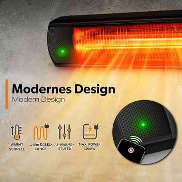 Інфрачервовий обігрівач TRESKO 3000W з пультом дистанційного керування | Тепловий струмінь для тераси, електричний, 3 режими | Обігрівач для тераси, внутрішній та зовнішній | Настінний інфрачервовий обігрівач, обігрівач для пеленального столику, чорний