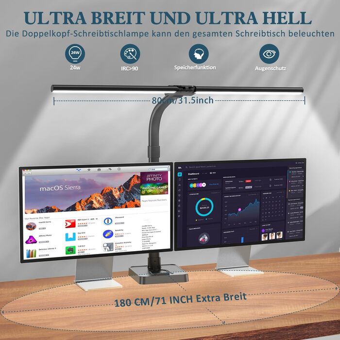 LED настільна лампа Doppelkopf з регулюванням яскравості, 24W, 80см, велика та яскрава, захист очей, чорний колір, гнусий шийка, 25 режимів освітлення, для офісу та дому