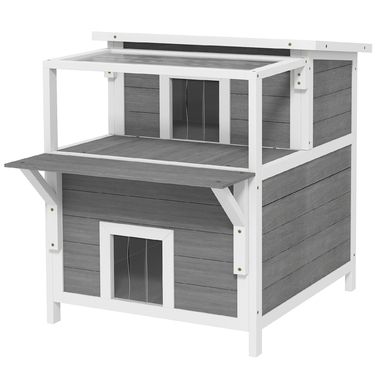 PawHut Cat Cave, Pine Wood Cat House, Cat House with Balcony, Entrances, for Cats up to 5 kg, Outdoor, 64 x 87 x 76 cm, Light Gray | Aosom