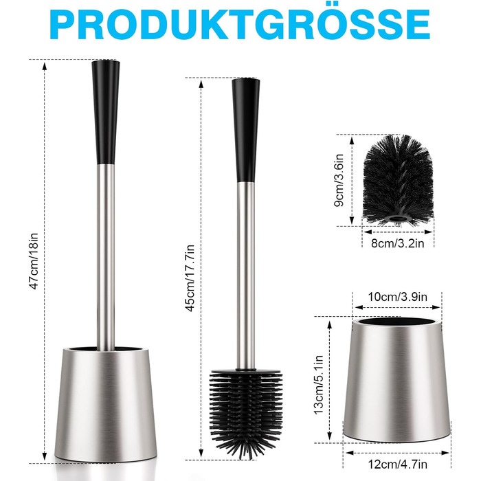 Набір для чищення унітазу FUNPALA з нержавіючої сталі та силікону, 2 насадки, ручка-тримач, сріблястий