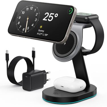 Бездротова зарядка 3-в-1 з MagSafe, USB-C та нічником для iPhone 16/15/14/13/12, Apple Watch та AirPods, A-Schwarz