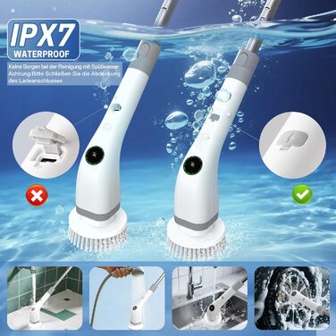 Електрична щітка для прибирання ванної кімнати, 7 в 1, з набором насадок, LED-дисплей, регульована ручка, IPX7, білий