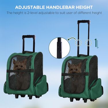 PawHut Рюкзак-переноска для собак та котів 2-в-1 з кишенями, телескопічною ручкою та колесами, 42 x 25 x 55 см, Зелений