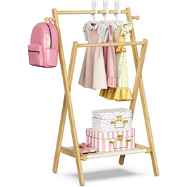 Kids' Clothes Rack, Small Clothes Rack for Toddlers and Pets, Dress-Up Rack with Storage Shelf and Double Rods, Folding Clothes Rack for Kids' Rooms (Standard Size) (Small Size)