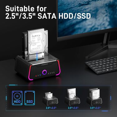 Док-станція для жорстких дисків FIDECO USB 3.0 з RGB підсвічуванням, Dual-Slot, підтримка UASP та офлайн-клонування (2.5/3.5