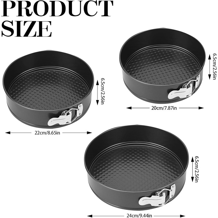 Набір форм для випікання QKNOSM (3 шт.) - діаметр 20/22/24 см, знімний дно, антипригарне покриття, з плоским дном, для пирогів та тортів