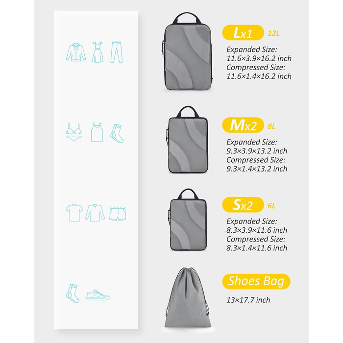 Органайзери для валізи BAGSMART компресійні (6 шт., сірий) - набір кубиків для подорожей та ручної поклажі