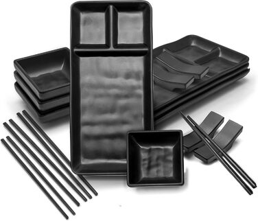 Японський набір суші на 16 осіб – 4 тарілки, 4 мисочки для соусу, 4 пари паличок, 4 підставки – з меламіну, чорний