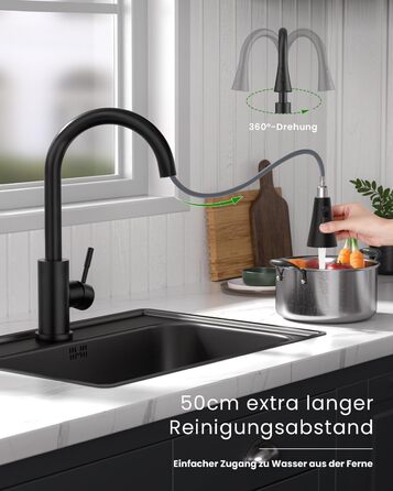 Кухонний змішувач DayOne з висувною лійкою, нержавіюча сталь SUS304, високий тиск, кухонний кран з 2 функціями, поворотний на 360°, для кухні (низький тиск, 247mb-niederdruck)