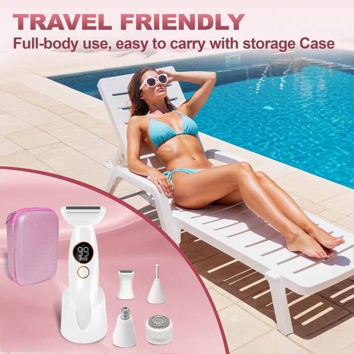 Електричний жіночий тример 5-в-1: для тіла, обличчя, брів та носа. Вологостійкий (IPX7) з USB-станцією.