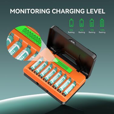 Зарядний пристрій ENEGON 8-Fach LCD для AA/AAA акумуляторів + 8 AAA Ni-MH 1100mAh, USB-C станція для пультів, термометрів та електроніки