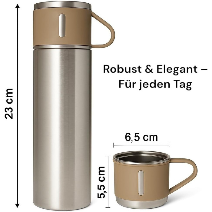 Термос 500 мл з нержавіючої сталі – 2 чашки з ручками – без витоку, BPA-free – з щіткою для чищення – колір: сріблястий