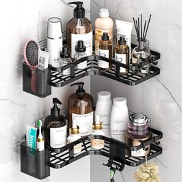 Поличка для душу без свердління, кутова, 2 шт. Органайзер для ванної кімнати з 4 гачками, чорний. Поличка для шампуню в душ, аксесуари для душу