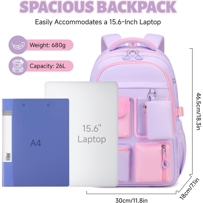 Шкільний рюкзак Tanou для дівчаток: великий, з тканини Oxford, з багатьма відділеннями (фіолетово-рожевий)