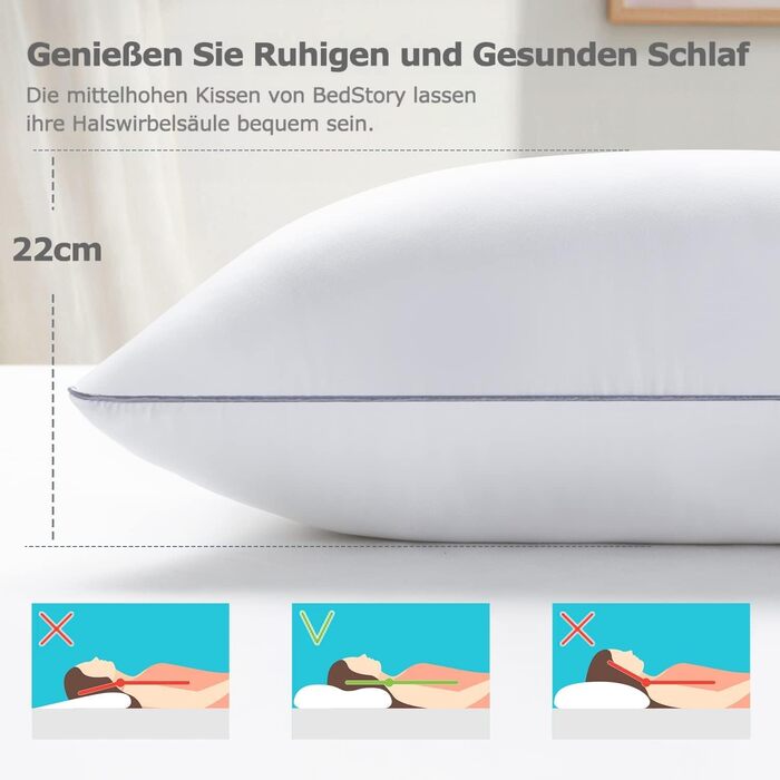 BedStory Pillow 40x80, Pillow 2-Pack with High-Quality Microfiber Pillow Filling 950g x 2, Washable and Soft Filling Pillow Bed Pillow Sleeping Pillow Sofa Pillow Side Sleeper Pillow 40x80cm