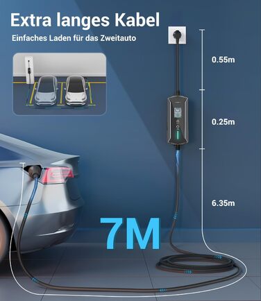 Кабель для зарядки електромобілів Schuko 3,7kW, 7м, 6-16A, 1-фазний, IP65, з LCD-дисплеєм, регульована потужність, таймер, для електромобілів та PHEV