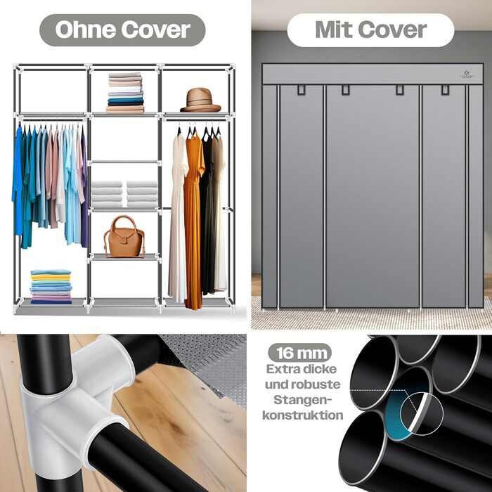 KESSER® Wardrobe Clothes Closet Stable with Clothes Rail & Shelves, Incl. 5x Clothes Hangers, Fabric Folding Closet for Bedroom, Dressing Room Wardrobe with Clothes Rack 150x45x175cm (Grey)
