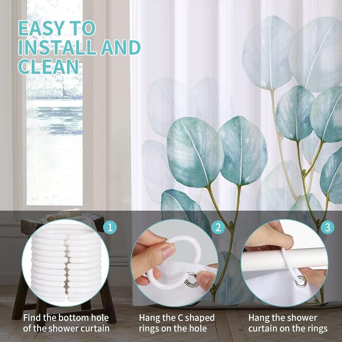 Шторка для душу REZAYMRS, 180x200 см, водонепроникна, з 12 гачками, поліестер, зелена, для ванної кімнати