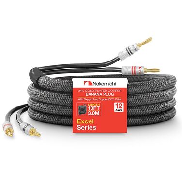 Акустичний кабель Nakamichi 12AWG з банановими роз'ємами 24K золото, 3м, безкиснева мідь (OFC), в обплетенні, для домашнього кінотеатру та підсилювача — Чорний