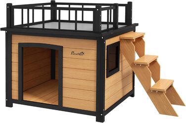 Павгут Будинок для собак з балконом, піднятий будиночок для дрібних тварин з сходами, вікно, печеринка для собак, для маленьких та середніх собак, сосна, жовтий, 121 x 77 x 78 см