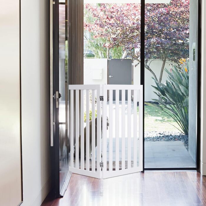 Захисний бар'єр для собак COSTWAY 89 см, 4 панелі, дерев'яний, дитячий, розкладний, захист від сходів, гнучкий, білий