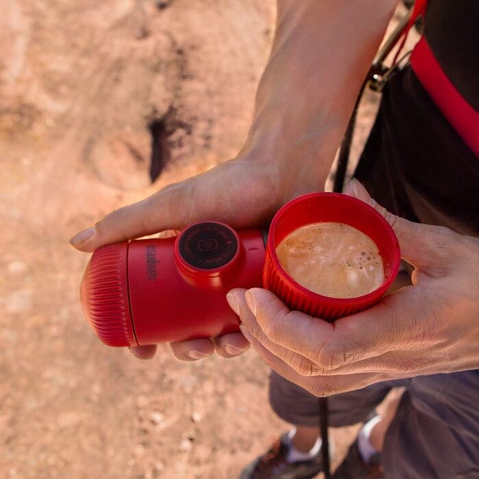 WACACO Nanopresso Portable Espresso Machine, Upgrade Version of Minipresso, 18 Bar Pressure, Small Travel Coffee Machine, Without Protective Case, Manual Operation, for Camping and Hiking (Red)