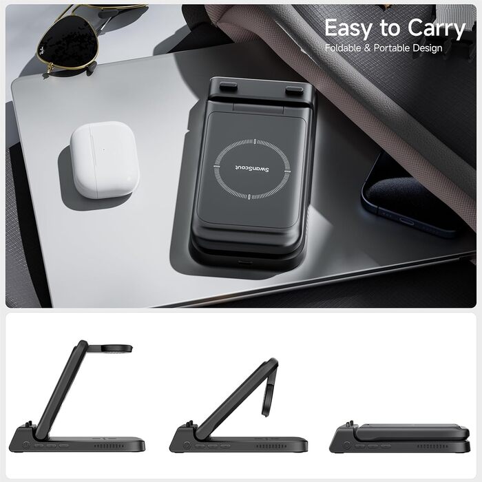 Бездротова зарядка 3-в-1 SwanScout 703A для iPhone 12/13/14/15/16/17, Apple Watch 7/8/9/10/11/Ultra, AirPods Pro 3 – Чорна