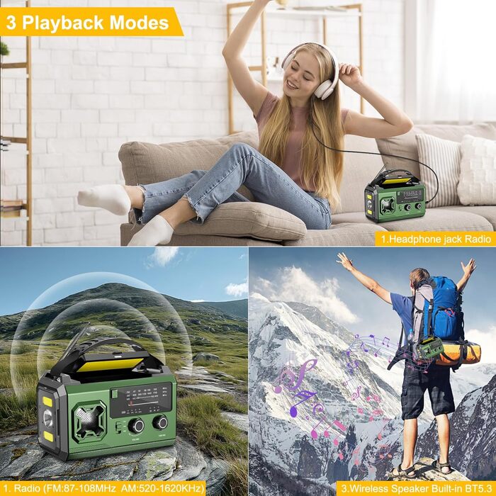 Радіо Kurbelradio на сонячній батареї 27000mAh з Bluetooth, FM/AM, SOS-сигналом, ліхтариком та компасом для кемпінгу та надзвичайних ситуацій (армійсько-зелене)