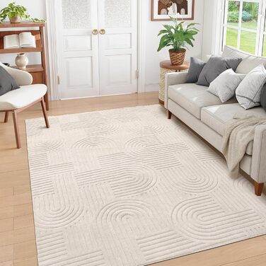 Килим для вітальні 160x230 см, великий пухнастий з коротким ворсом, миючий, сучасний, з 3D ефектом, неслизький, для їдальні, кухні, спальні, бежевий