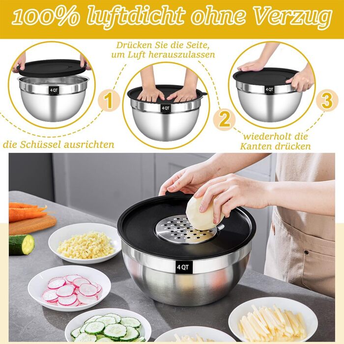 Terlulu Mixing Bowl Set of 5, Stainless Steel Bowl Salad Bowl Set with Airtight Lid, 3 Grater Attachments, 4.5L, 2.7L, 1.6L, 1.1L, 0.7L, Nesting & Dishwasher Safe