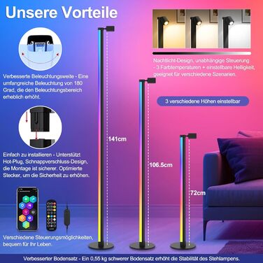 LED-лампа на підставці HANDSONIC RGBIC, 140 см, чорна, для вітальні, з регулюванням яскравості, 16 мільйонів кольорів, керування через додаток, кут освітлення 180°, ідеально для геймінгу