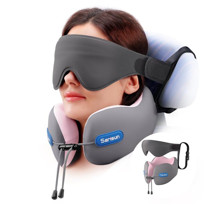Подушка для шиї в літак Travel Pillow для авіаперельотів, подушка для шиї з ременем та 3D-маскою для сну, Memory Foam для тривалих подорожей літаком та автомобілем (сіро-рожевий)