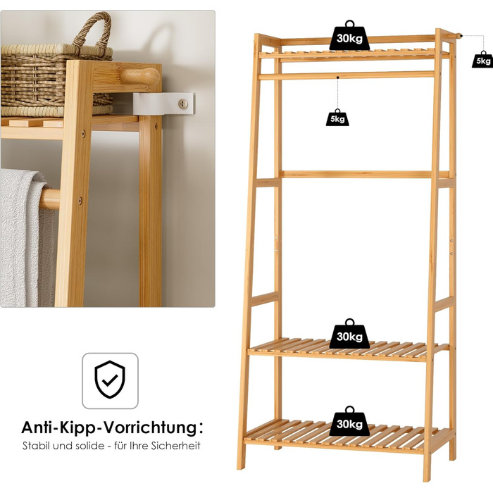 FOREHILL Clothes Rack with Shelves Coat Rack Bamboo Clothes Rail with Anti-Tip Device for Clothes Shoe Shelf Bags 164x70x42cm
