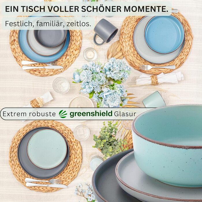 Набір посуду SÄNGER Bombay Sky Shades (12 предметів) | Столовий сервіз для 4 осіб, 4 тарілки для їжі, 4 тарілки для десерту, 4 миски | Яскравий набір тарілок, кераміка