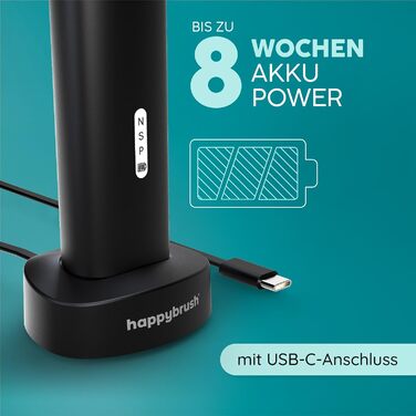 Електрична звукова зубна щітка happybrush® Eco Vibe 3 - Тест-переможець - 100 днів тестування. В комплекті 4 насадки. Чорний колір.