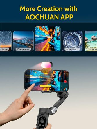 Стабілізатор для смартфона AOCHUAN 3-осьовий з функцією розпізнавання обличчя, вбудованим світлом, 1/4 дюйма, для iPhone 16/15 Pro, Android, TikTok - Smart X Kit, Чорний