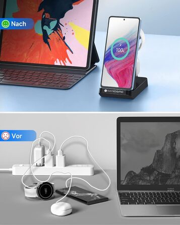 Seacosmo Зарядна станція 3-в-1, 18W для Samsung Galaxy Buds, A55/A54/A35/A34/A16/A15/A14/A06, Galaxy Watch 8/7/6/5/4/3/2/Pro/Classic/Active - Бездротовий зарядний пристрій, чорний