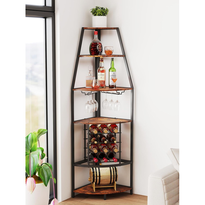 Стеллаж для вина Nisorpa на 12 пляшок, 5-ярусний кутовий, з тримачем для келихів, вінтажний коричнево-чорний