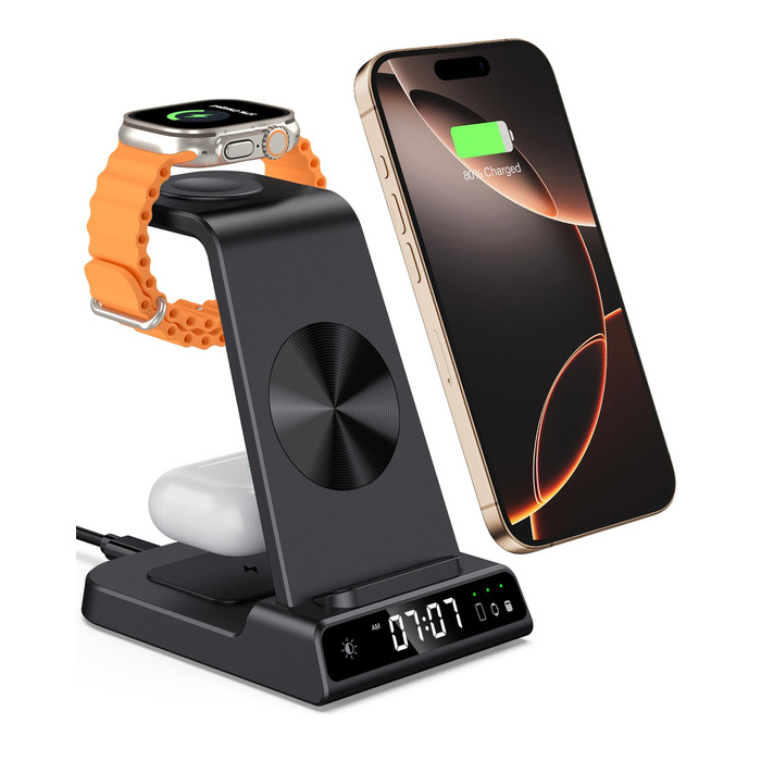 Бездротова зарядна станція 3-в-1 для Apple iPhone 16/15/14/13/12 Pro/Plus, Apple Watch Ultra 2/9/8/7/6/5, AirPods Pro/4/3/2 – Чорна