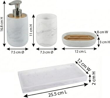 Набір для ванної кімнати 4 предмети з піддоном - дозатор для мила (цинковий сплав), стакан для зубних щіток, мильничка та поличка - мармуровий малюнок, бамбук - сучасний органайзер Marble