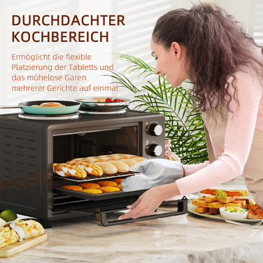 HOMCOM 28L Mini Oven 2600W Mini Oven 100-230℃ 60 Min. Timer, with 2 Warming Plates, Baking Tray and Grill Rack Pizza Oven with Crumb Tray, Tabletop Handle Black | Aosom