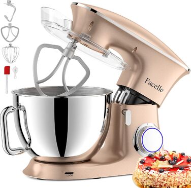 Facelle 2000W 8.5L Stand Mixer - Dough & Cake Mixer with Whisk, Dough Hook, Beater & Splash Guard for Baking, Cakes, Cookies, Kneading, 6+ Speed - Champagne Color