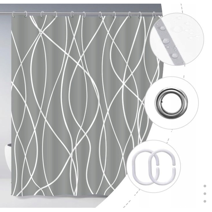 Сучасна текстильна штора для ванни, сіра, 180x200 см, з кільцями