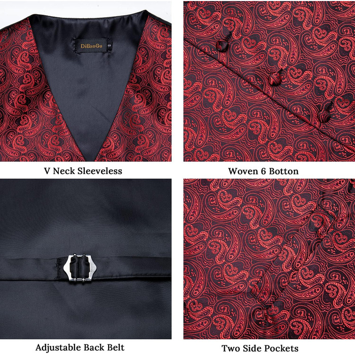 Костюмний жилет чоловічий DiBanGu для весілля з краваткою, нагрудником та запонками. Жилет з паєтковим візерунком у червоно-чорних кольорах, розмір XXL