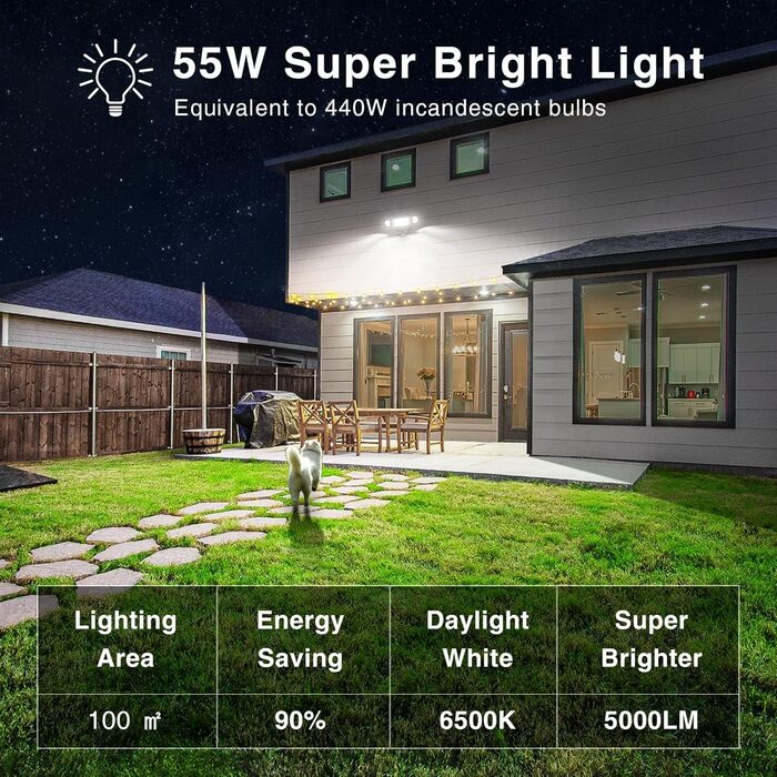 Onforu LED Floodlights with Motion Sensor Outdoor 55W, 5000 LM LED Floodlight, Outdoor Spotlight with Adjustable 3 Heads, 6500 K Cool White Spotlight, IP65 Waterproof Floodlight for Garage, Garden, Yard (Gray)